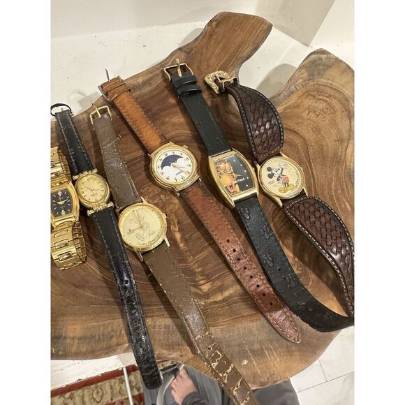 Vintage Lorus Disney Mickey Mouse Musical Small World Watch lot of 6 leather - Picture 1 of 16